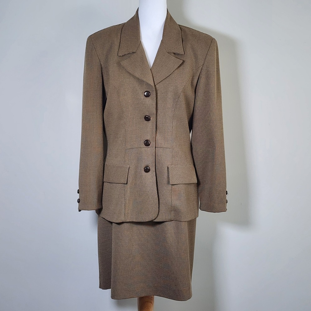 Vintage Skirt Suit Set Womens 12 Brown Houndstooth Blazer Pencil Skirt Career